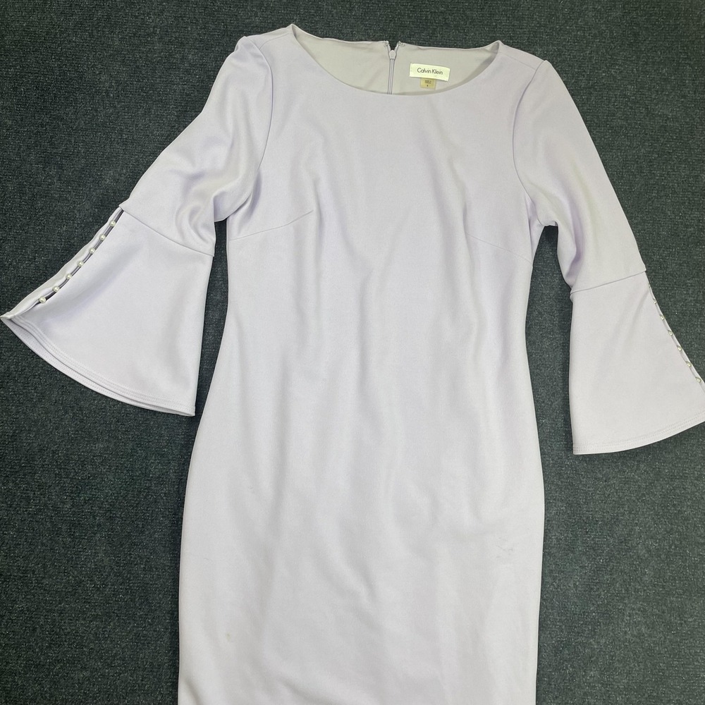 Calvin Klein Dress Womens 8 Purple Bell Sleeve Beaded Sheath Knee Length Stretch
